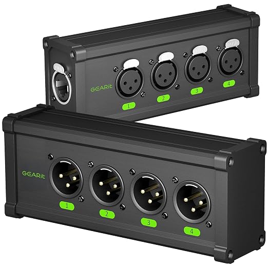 GEARit XLR Over Ethernet Adapter, 4 Channel XLR Over Cat5/Cat6 Snake Extender Box, Ethercon-Compatible RJ45 to XLR Adapter for 3-Pin DMX and Analog Audio, Supports 48V Phantom Power(1 Pair)