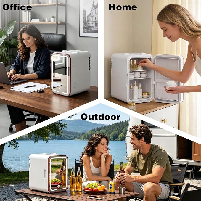YLFU Mini Fridge for Bedroom, 6L Skincare Fridge with LED Mirror for Dorm & Office, Portable Cooler & Warmer Small Compact Refrigerator for Skincare, Makeup and Cosmetics