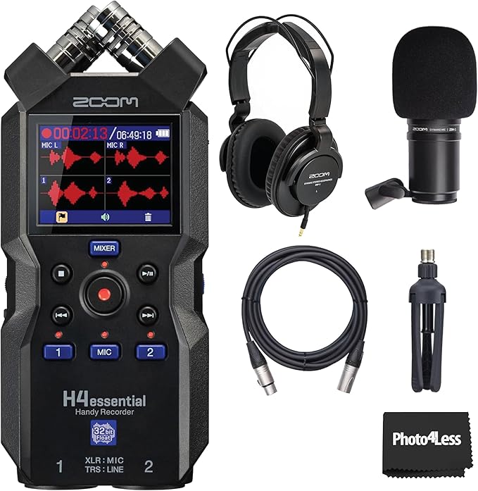 Zoom H4essential 4-Track Handy Recorder with 32-Bit Float, Accessibility, Stereo Microphones, 2 XLR/TRS Combo Inputs, Record to SD Card, USB Interface, for Musicians, Podcasters, Filmmakers