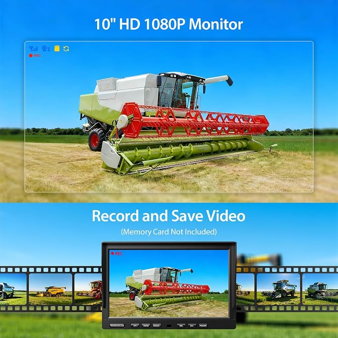 ZEROXCLUB 4 Wired Backup Camera System, 10" 1080P Monitor IP69K Waterproof Vibration-Proof 10G Rear Side View Camera, Quad Split Screen for Tractor, Truck, Trailer, Combine, Heavy Equipment, BH104
