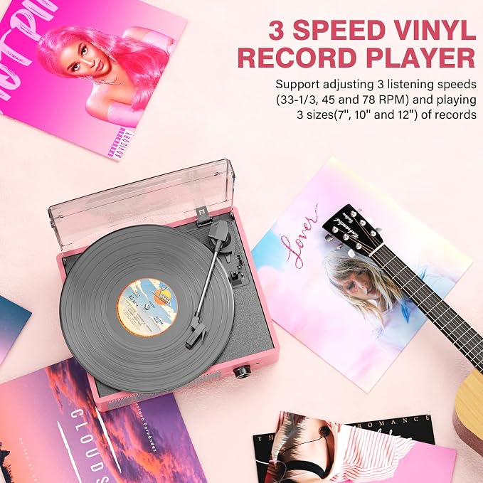 Vinyl Record Player with 2 Stereo Speakers Belt-Driven Vintage Turntables 3 Speed 3 Size Wireless Bluetooth Playback AUX-in RCA Out Headphone LP Vinyl Players Auto Stop Dusty Rose