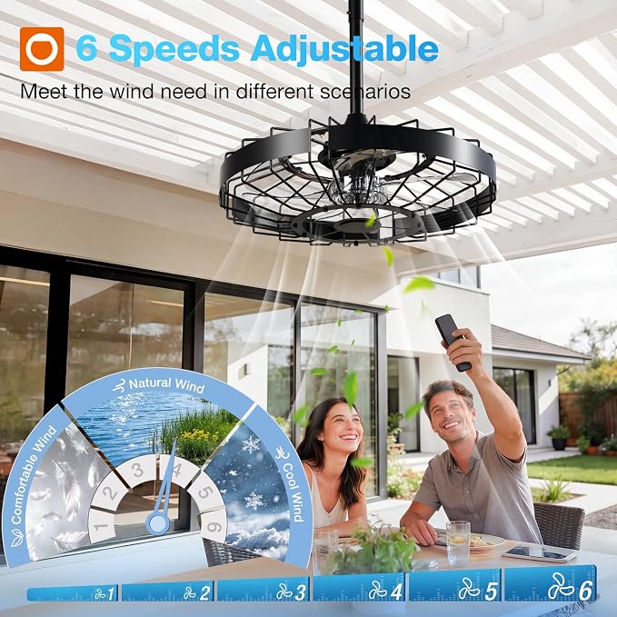addlon 20 Inch Outdoor Ceiling Fan without Light, IP65 Waterproof Plug in Caged Hanging Fan, Remote Control, 6 Speeds Reversible Outdoor Fans for Patio, Gazebo, Pergola, Porch