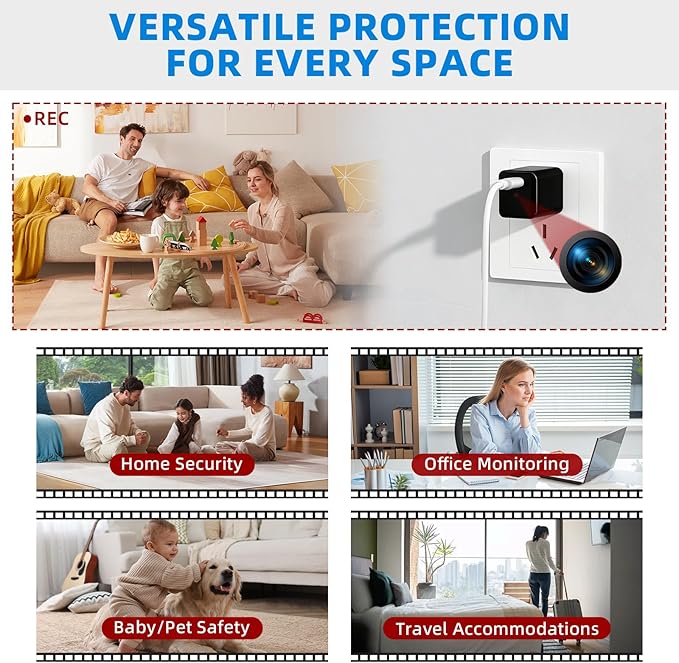 1080P HD Charger Camera with Motion Detection, 106° Wide Angle, No WiFi/Monthly Fee, Mini Hidden Camera for Home Security/Nanny/Pet Monitoring
