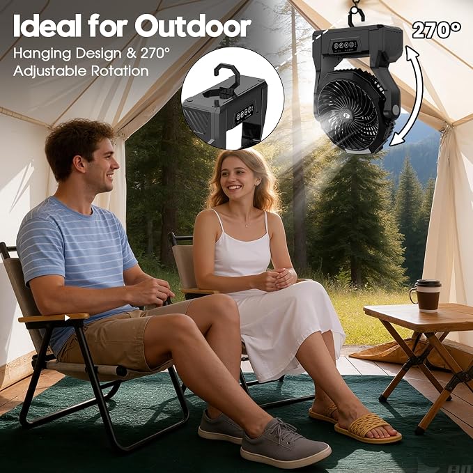 XZK 24000mAh Rechargeable Camping Fan, 64H Runtime Battery Powered Portable Travel Fan with LED Light, Tent Fans for Indoor,Outdoor,Fishing,Jobsite & Hurricane Emergency,Gifts for Men Dad Him,Black