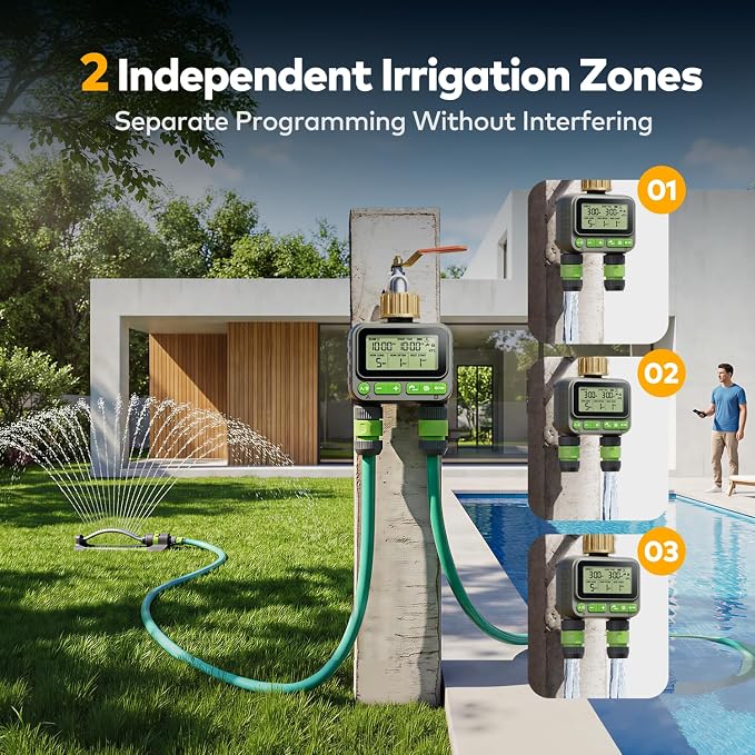 Remote Control Sprinkler Timer for Outdoor Hose Faucet 2 Zone, Smart Water Timer for Garden Hose, Sprinkler Controller with Rain Delay/Manual Watering/Automatic Irrigation for Yard Lawn (Brass Inlet)