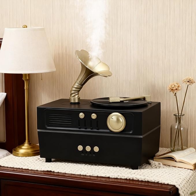 Retro Aromatherapy Humidifier, Unique USB Bluetooth Gramophone Style Vintage Oil Diffuser Cool Mist Machine for Home Relaxation and Bedroom Decor