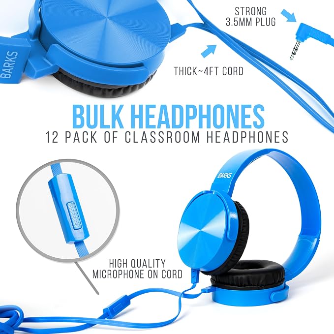 Barks Classroom Headphones with Microphone (Blue, 12 Pack) - Wired 3.5mm On-Ear Bulk Headphones for Classroom: Best for Students K-12 Schools (Durable, Inline Microphone, Great Recording Quality)