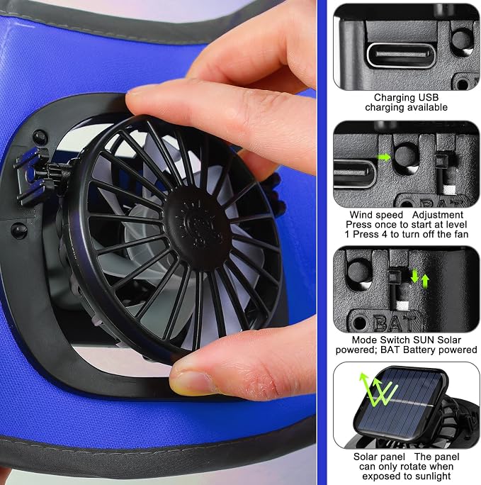 Solar Hat with Fans, Wide Brim Cooling Sun Hat with Removable Dual Fans USB Charging Neck Cover for Outdoor Fishing