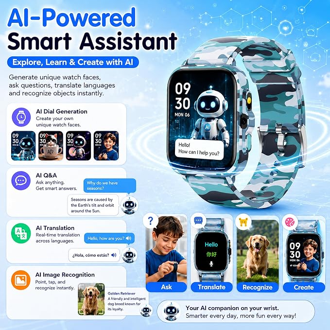 Smart Watch for Kids Boys Age 5-12, Ai Functions Games HD Touch Screen Watches with Video Camera Music Player Pedometer Heart Rate Sleep Tracker Christmas Birthday Gifts for Boys (Camouflage, 1.85")