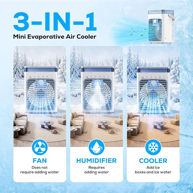 Portable Air Conditioner, 3-in-1 Evaporative Air Cooler with 3 Speeds & 2 Mist Modes, 1000ml Personal Mini AC Unit, USB Powered Small Cooler with RGB Light & Timer for Bedroom Office Desk Car