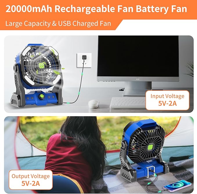 20000mAh Battery Powered Fan Rechargeable,Portable Fan for Travel Camping Fan with LED Lantern,270°Rotation Battery Operated Fan,USB Personal Fans Camping Essentials Battery Fan Cordless Fan X26 Blue