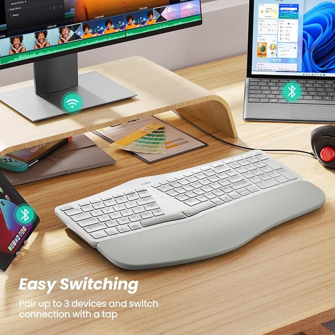 Nulea RT05 Wireless Ergonomic Keyboard, Split Keyboard with Wrist Rest, USB-C Charging, 7-Color Backlight, Natural Typing, Bluetooth and USB Connectivity, Compatible with Windows,Mac