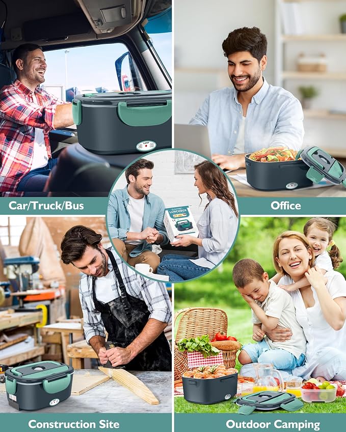 Eocolz Electric Lunch Box Food Heater, Food Warmer 1.5L Portable Heated Lunch Box for Car Truck Work Stainless Steel Fork & Spoon 12/24/110V for Adults Lonchera Eléctrica (gray-blue)
