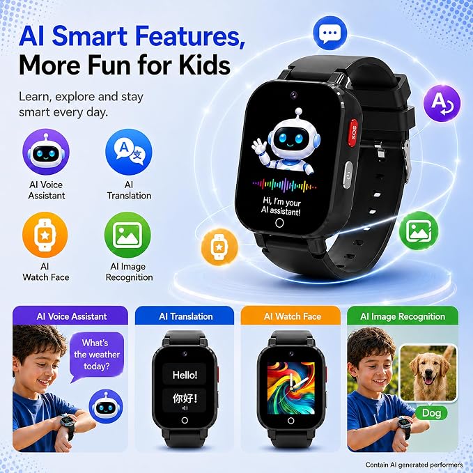 4G Kids Smart Watch with GPS Tracker, Video & Voice Call, SOS, WiFi, IP68 Waterproof, AI Smart Features, Parental Control Phone Watch for Boys Girls Age 4-12(SIM Card Included)