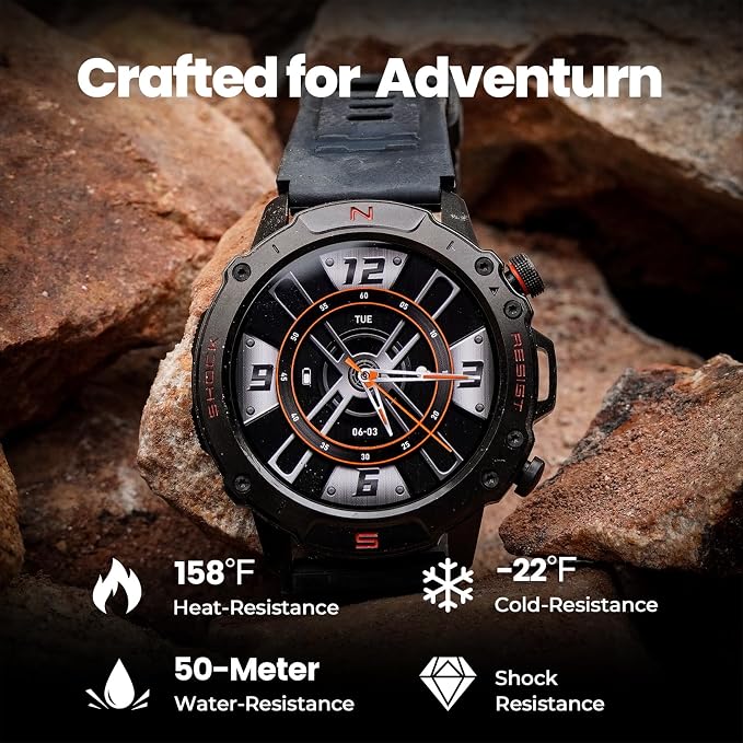 WalkerFit Outdoor Smart Watch for Men, 1.43" AMOLED Black Silicone Band, 5ATM Waterproof for Hiking Climbing Trail Run Swim, 170+ Sports, Compass Heart Rate SpO2, Adventure Watch for iPhone Android