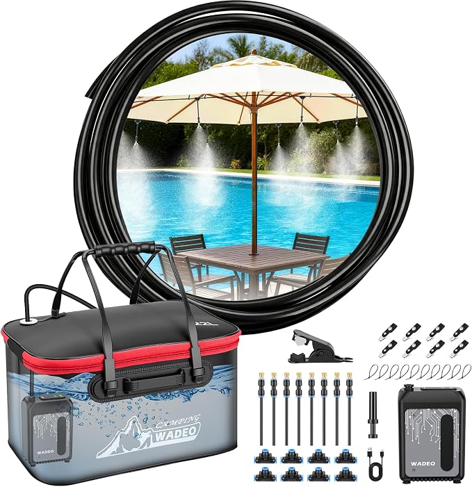 Portable Misting Systems for Patio, Outdoor Water Cooling Misting Kit with 6000mAh Water Pump IPX8, DIY Misters for Outside Garden, Greenhouse, Fan, Umbrella, Canopy, Pasture, Camping(22L Bucket)