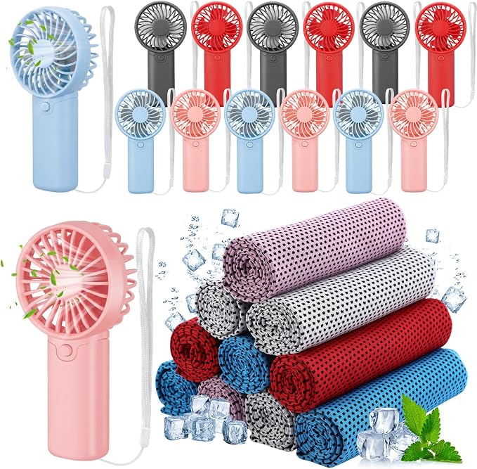Retisee 24 Pcs Cooling Towel Mini Portable Fan Set 32 x 12 Inch Ice Towel Chilly Handheld Battery Powered Fan Cooling Sport Gifts for Travel Makeup Yoga Camping Running Summer(Fresh,Multicolor)
