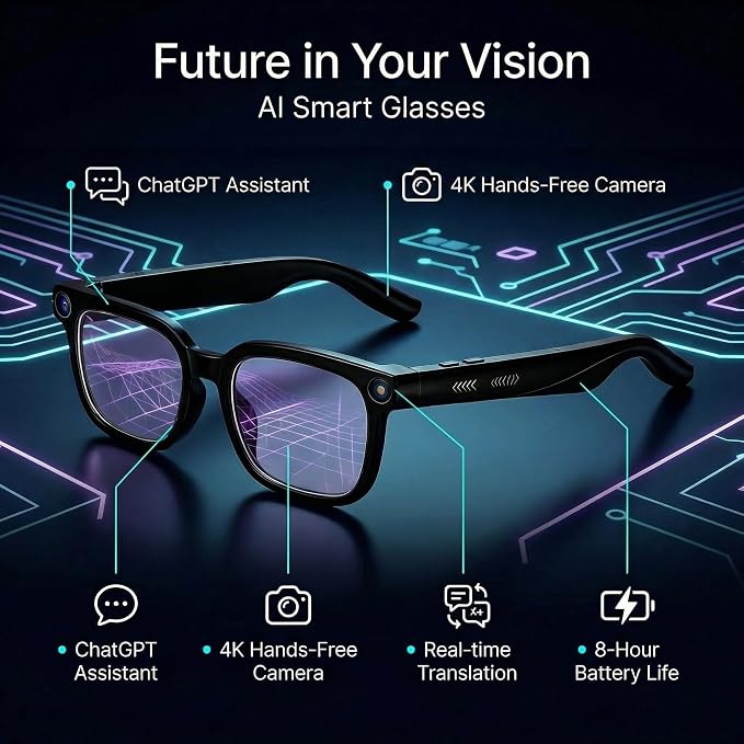 AI Smart Glasses with Camer, Bluetooth Glasses with 4K HD Video & 164+ Language Real-Time Translation Built-in ChatGPT, 8-Hour Battery IP67 Waterproof for Men and Women Outdoor Activities
