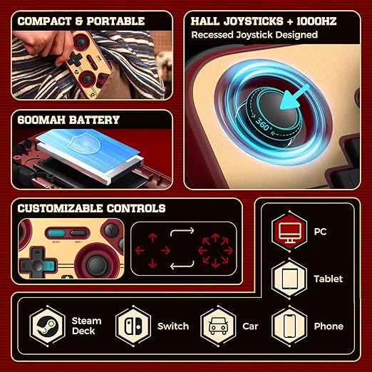 IINE Retro Pocket Game Controller, Wireless Gamepad for Switch/Steam Deck/PC/iOS/Android | Mini Portable Controller with Hall Joystick, 1000Hz Response Rate, Customizable Buttons, 600mAh Battery