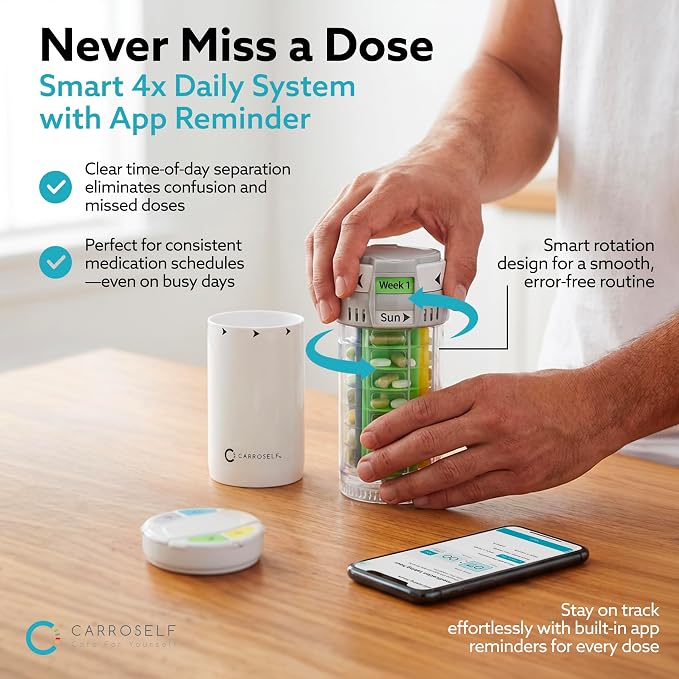 Pill Dispenser with Pill Cutter and App Reminder – Locked Vitamin Medication Dispenser & Portable Medicine Storage Box, Travel-Friendly Pill Organizer for Daily Medication Use | No Batteries Needed