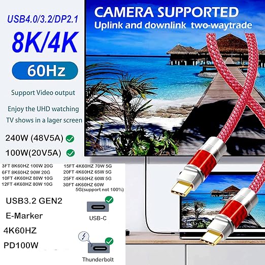USB C to C Cable 40FT, 4K60HZ GEN2x2(Data usb2.0),USB TYPE C Video Output From USB3.2/ USB4.0 (NOT 100% Fast Charging) & Sync for Xreal MacBook Pro iPad Pro iPhone 15 Pro Galaxy S22 Portable Monitor