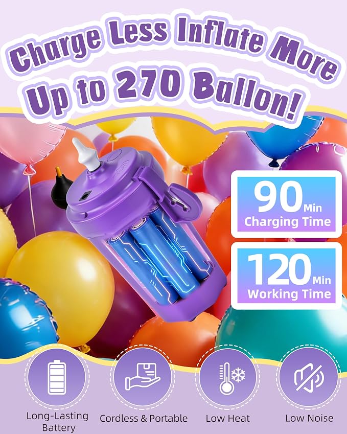 Portable Balloon Pump Electric, Rechargeable Cordless Balloon Pump Inflator for All Balloons, Latex 260q Foil Mylar Balloon Inflation, Quick-Fill Inflator& Deflator for Inflatables,Purple