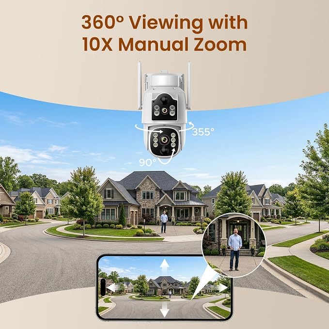 4G LTE Dual Lens Cellular Security Camera, No WiFi Solar Security Cameras Wireless Outdoor with 360° PTZ Live View, 2K Color Night Vision, Auto Tracking AI Detection, Cloud Storage, Built in SIM Card