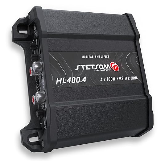 Stetsom HL 400x4 2 Ohms - Compact Digital 4 Channel Amplifier, 400W RMS 400.4, Full Range, High Input, Bass Boost Gain + 14db (Variable Adjustment 30-75hz), Multichannel, Digital Sound, Crossover