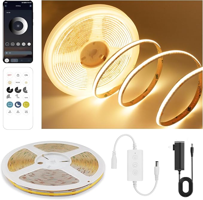Pandery COB LED Strip Lights Warm White,24V Dimmable led Light Strip KIT with Remote and app Control,2700K 9.84FT/3m 8mm Wide Ra>90 Cuttable Flexible Strip Lights for Bedroom,Wardrobe,Cabinet