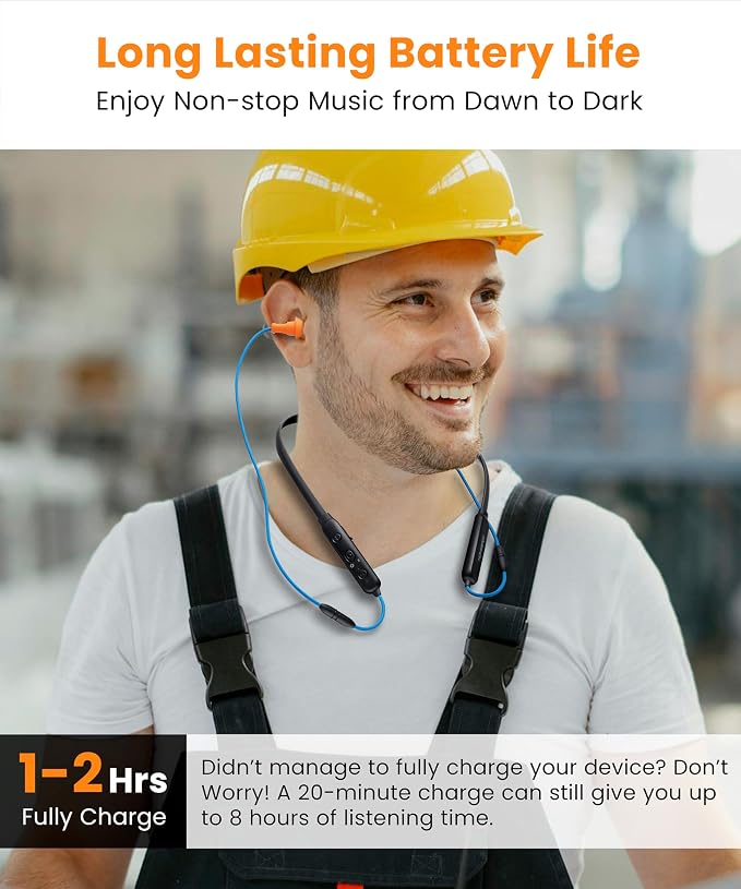 Noise Reduction Wireless Neckband Headphones with Replaceable Earbuds (Extra Set Included) - Qualcomm aptX HD, 27dB NRR, CVC Noise Cancelling Mic & 20H Playtime for Work Safety OSHA Compliant