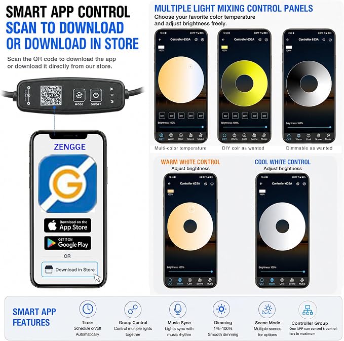 Smart LED Puck Lights, Dimmable Under Cabinet Lighting with Bluetooth App Control, Music Sync, Timer, DC 12V Adaptor (2Pack, Multi-White)