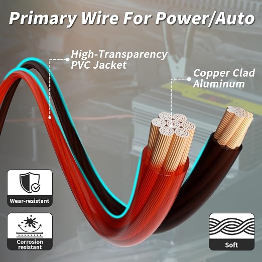 energeaster 4 Gauge Each-25ft Black/Red CCA Wire, Low Voltage Primary Automotive or Ground Cable, Battery Cable, 4AWG, Car Audio, RV, Car Amplifier Power, Amp Wiring Kit, Translucent Jacket
