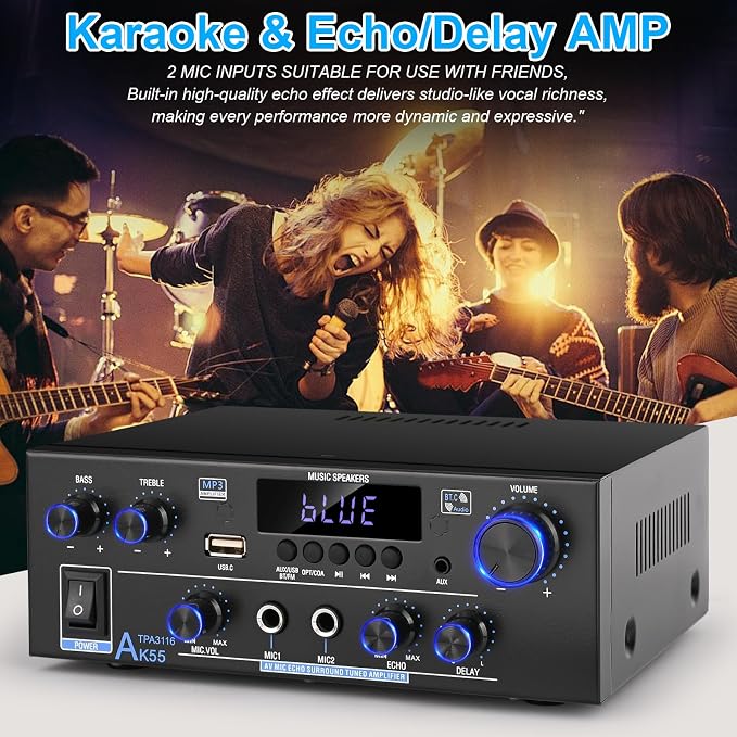 Romica AK55 Stereo Audio Amplifier, 2 Channel 500W Bluetooth 5.0 Home Audio Stereo Receivers with FM, Echo, AUX, USB, SD, MIC, Optical & Coaxial Inputs, AMP for Passive Speakers and Active subwoofer