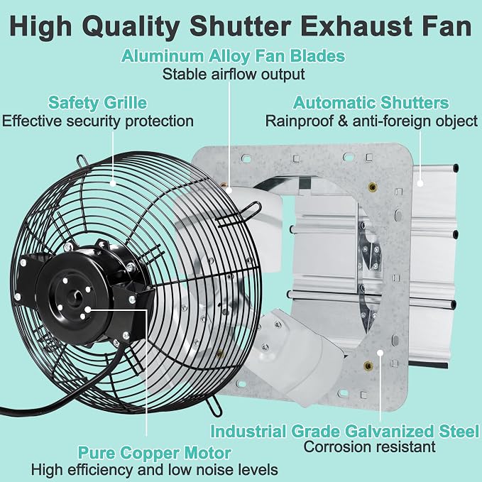 12 Inch Shutter Exhaust Fan with Thermostat and Speed Controller, Wall Mounted Vent Fan for Attic, Greenhouse, Shed, Garage, Chicken Coop, Shop Ventilation, 960 CFM, 1400 SQF Coverage Area