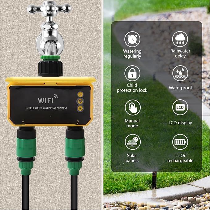 Smart WiFi Sprinkler Timer, Rain Delay APP Control Solar Water Timer with Accuracy Filter and Type C Charging, for Villa Yard Balcony Garden Roof Garden