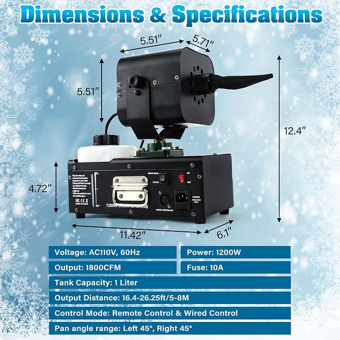 Snow Machine 1200W Snow Making Machine, Moving Head Snow Maker, Snowflake Maker with Wired Control Wireless Remote Adjustable Snow Size for Christmas Wedding Party Photography Parade Stage