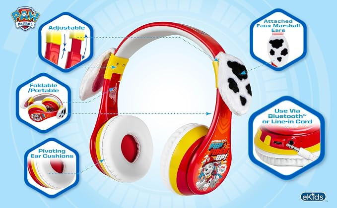 Paw Patrol Bluetooth Headphones for Kids, Volume Reduced Wireless Headphones for School Home or Travel (Paw Patrol Marshall)