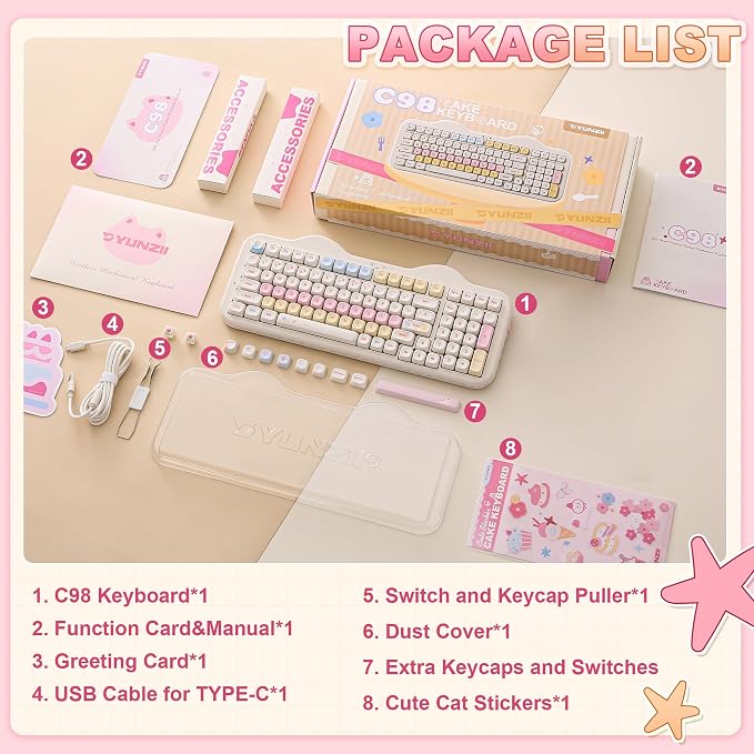 YUNZII C98 Wireless Mechanical Keyboard with Number Pad,99 Key BT5.0/2.4G/USB-C Hot Swap Gasket Mount with PBT MOA Keycaps,Custom RGB,Cute Cake Keyboard for Win/Mac (Beige, Candy Linear Switch)