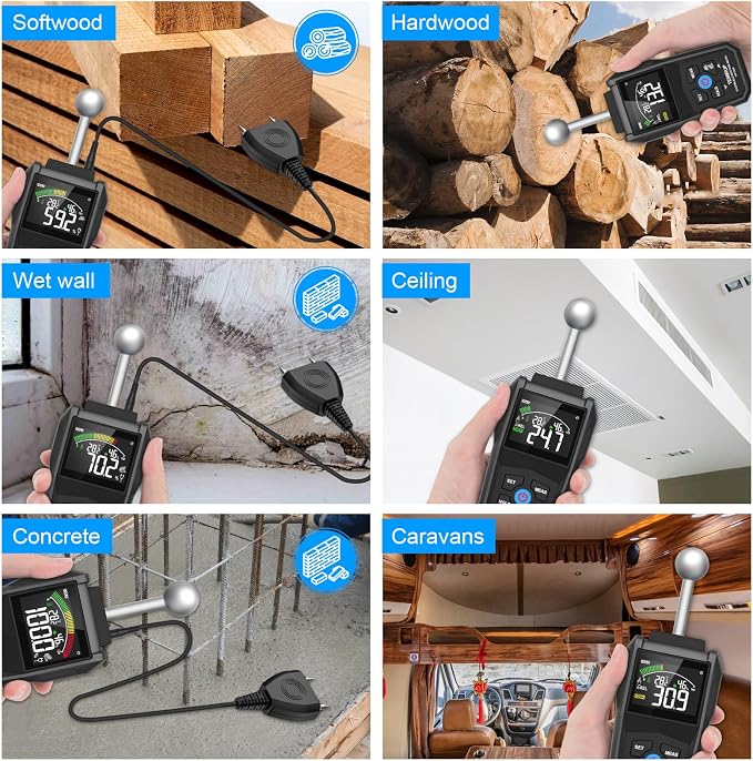 2-in-1 Pin & Pinless Moisture Meter, Digital Moisture Detector for Wood, Drywall & Building Materials, Large Color LCD Display, Acoustic Alarm, Calibration, Detects up to 20-40 mm Below Surface