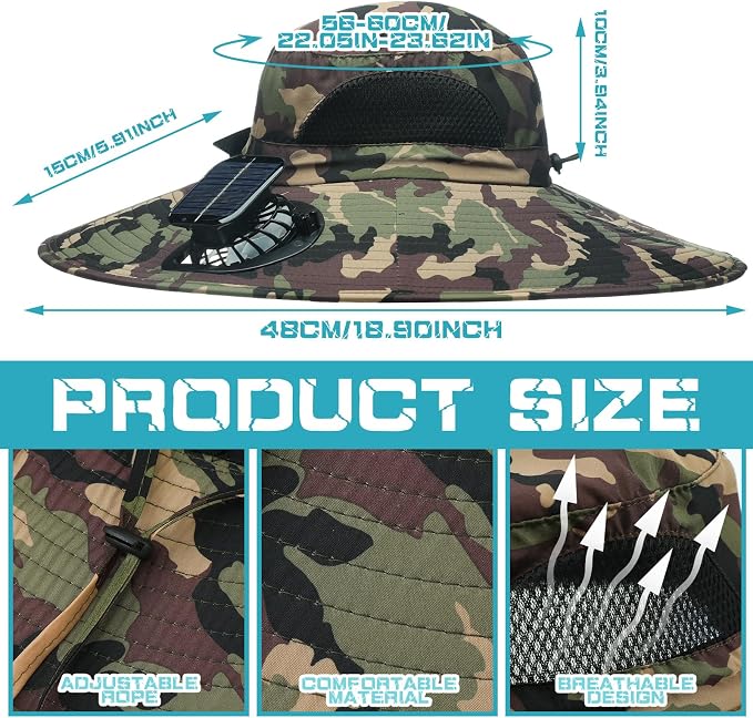 Berlune Sun Hat with 2 Solar Fan Wide Brim Fishing Bucket Hat USB & Solar for Men Women UPF 50+ Cooling for Fishing Beach