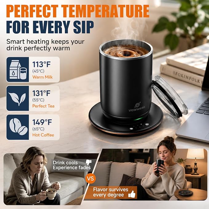Self Stirring Heated Coffee Mug, 10 oz Auto Magnetic Mixing Cup, Black | 304 stainless steel interior. Includes 3 heat settings, 8H auto shut-off, plug-in base for home office desk