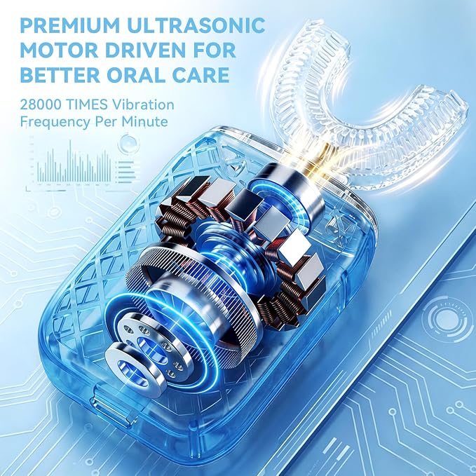 Sonic Electric U Shaped Toothbrush for Adults, Automatic Full Mouth Cleaning Toothbrush, 360° Stain Removal, IPX7 Waterproof Rechargeable, 3 U-Shape & 2 Straight Brush Heads (Blue-Cup)
