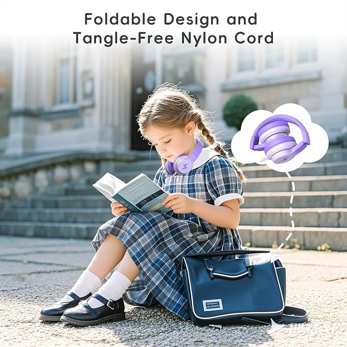 Candy Bila Kids Headphones, Wired Headphones for Kids Over Ear with Microphone, Foldable Headphone for Learning & Entertainment, Gradient Deep Purple