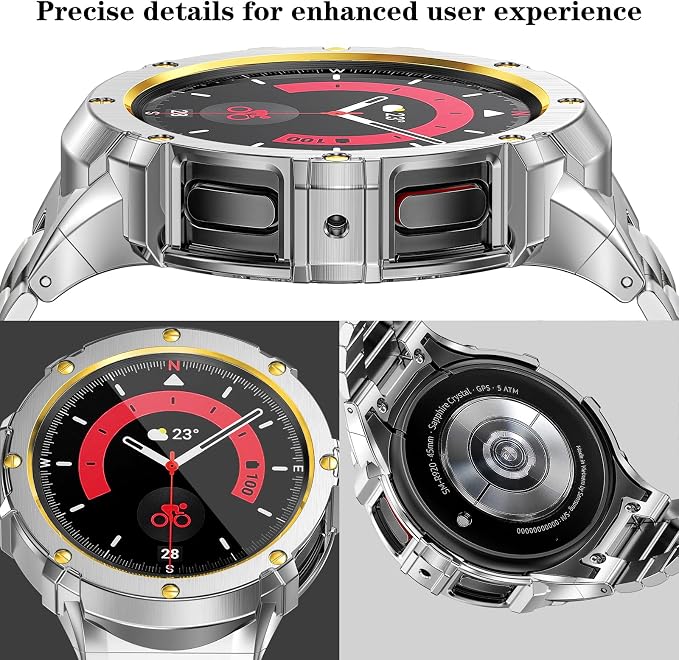SUPLINK Metal Case and Band Compatible with Samsung Galaxy Watch 5 Pro Band 45mm, Rugged Stainless Steel Protective Case Bands for Samsung 5 pro Watch Men, Silver/Gold