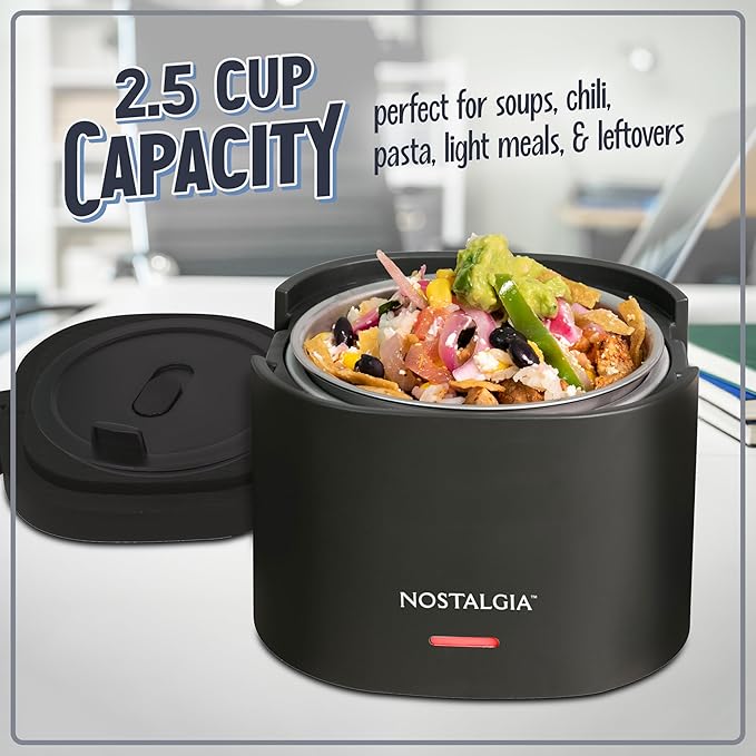 Nostalgia Portable Heated Lunch Box – 2.5-Cup Stainless Steel Food Warmer – Detachable Cord, Leak-Proof Lid, Carry Handle – Portable for Work & Travel – Black Berry