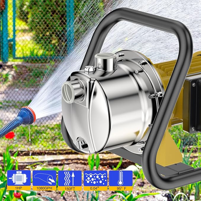 TDRSUPER 1.0HP Electric Shallow Well Pump 110V Portable Water Transfer Pump 1080GPH 18GPM Stainless Steel Pumps 150ft Heigh Draining Irrigation Pump for Garden Lawn Draining Irrigation System