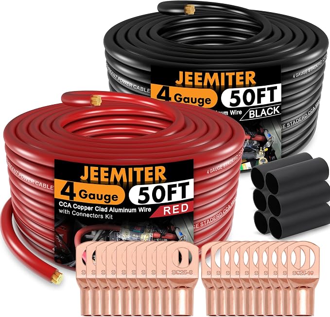 Jeemiter 4 Gauge Wire Copper Clad Aluminum CCA 100ft (50ft Red + 50ft Black) with Lug Terminal Connectors,Heat Shrink Tubing for Battery Power/Ground Cable,Car Audio Speaker,RV,Solar