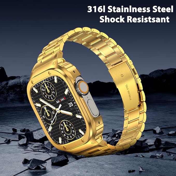 MioHHR Stainless Steel Watch Band with Case Compatible with Apple Watch Ultra3 2 1(49mm), Rugged Strap with Metal Protective Bumper Cover for iWatch Band Men(Gold)