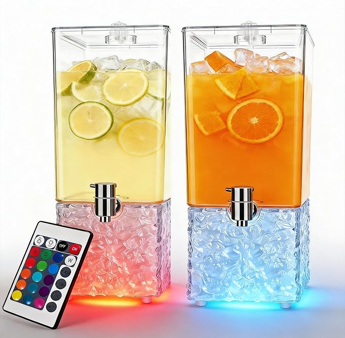 2 PCS 3.2 Gallon Drink Dispensers for Parties, Beverage Dispenser with 304 Stainless Steel Spigot, Plastic Lemonade Juice Dispenser With LED Light Stand, Great for Water, Juice, Punch, Ice Tea