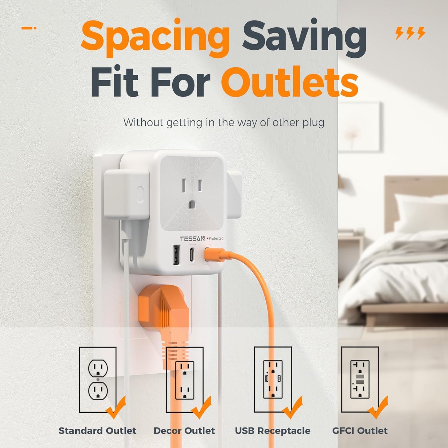 Multi Plug Wall Outlet Splitter, TESSAN Surge Protector 4 Outlet Extender with 3 USB Charger Blocks(2 USB C), 3-Sided Multiple Plug Expander for Home Office Dorm Room School Essentials